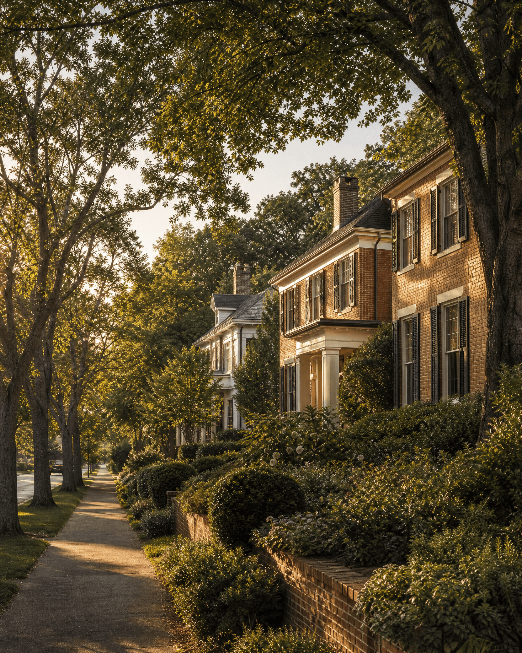 Brick single-family homes along a tree-lined sidewalk in a Charlotte-area neighborhood at golden hour