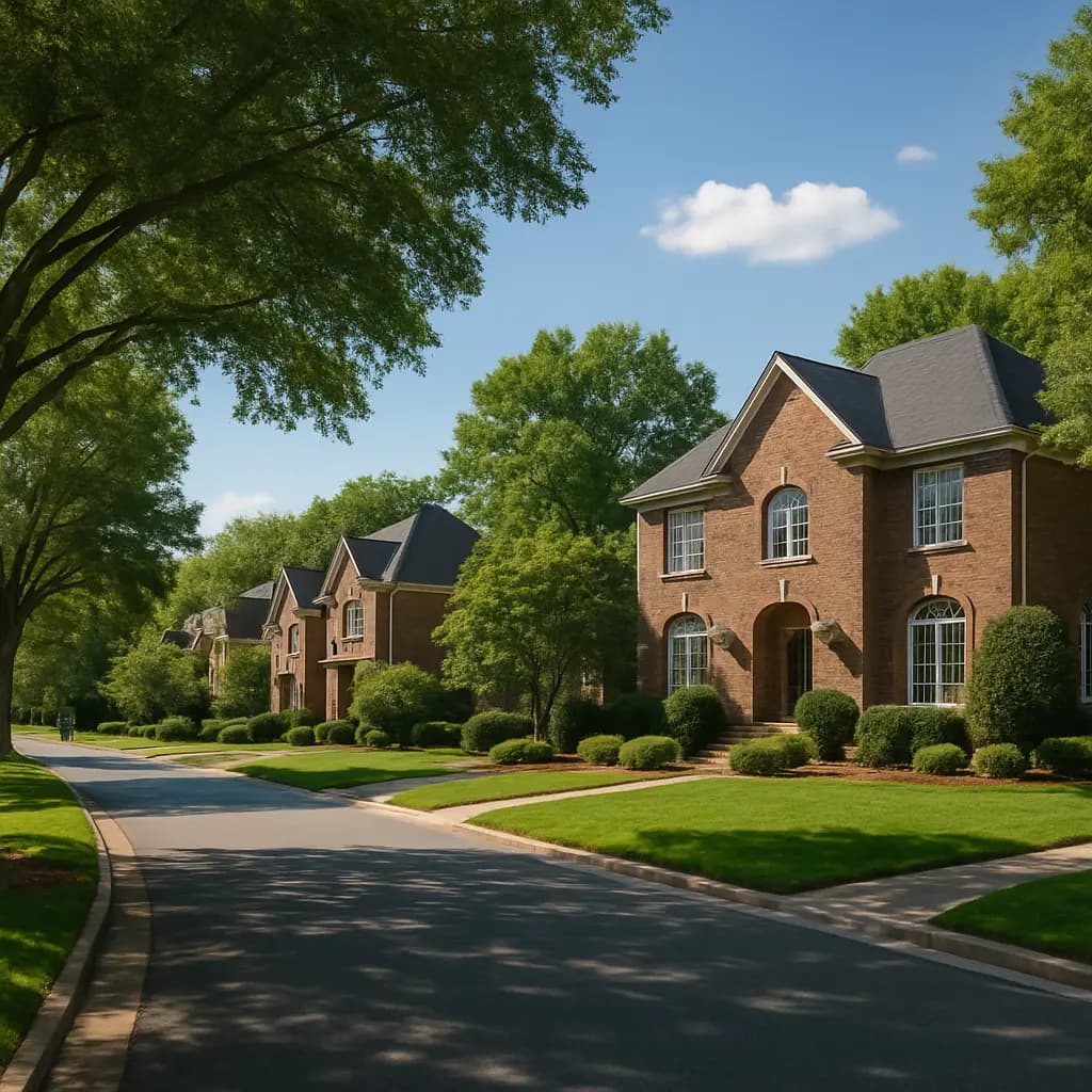 Tree-lined Charlotte-area neighborhood with welcoming traditional brick homes